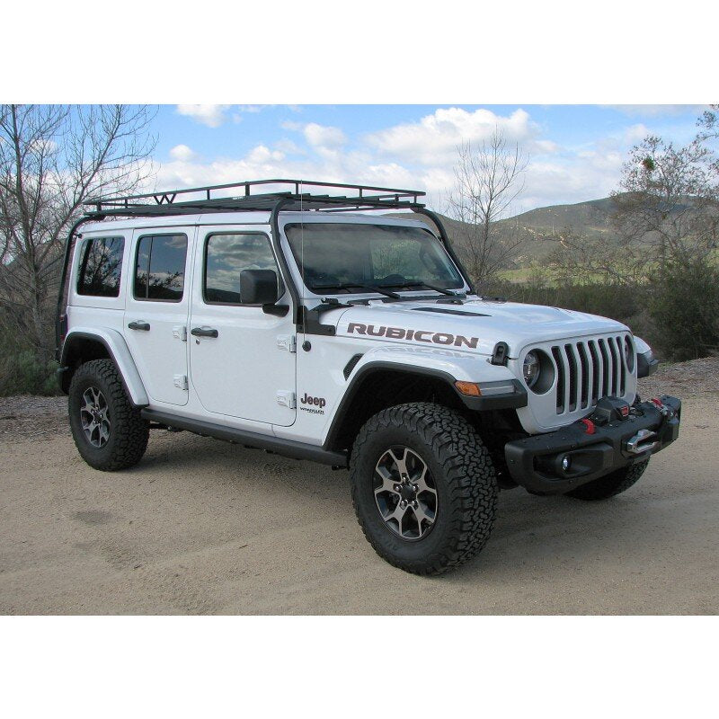 White Jeep Wrangler Rubicon JL With Garvin Expedition Cargo Roof Rack Front