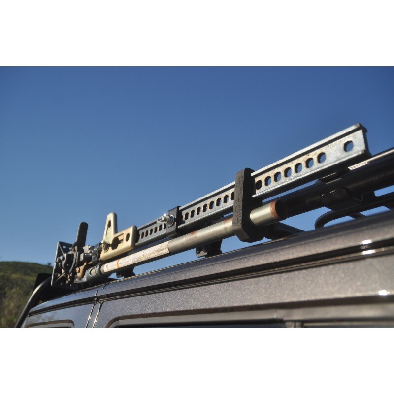 Garvin High Lift Jack Mount for Adventure Racks, Jeep Wrangler JK, JL, and TJ. Mounted on the side of a roof rack model number 44007
